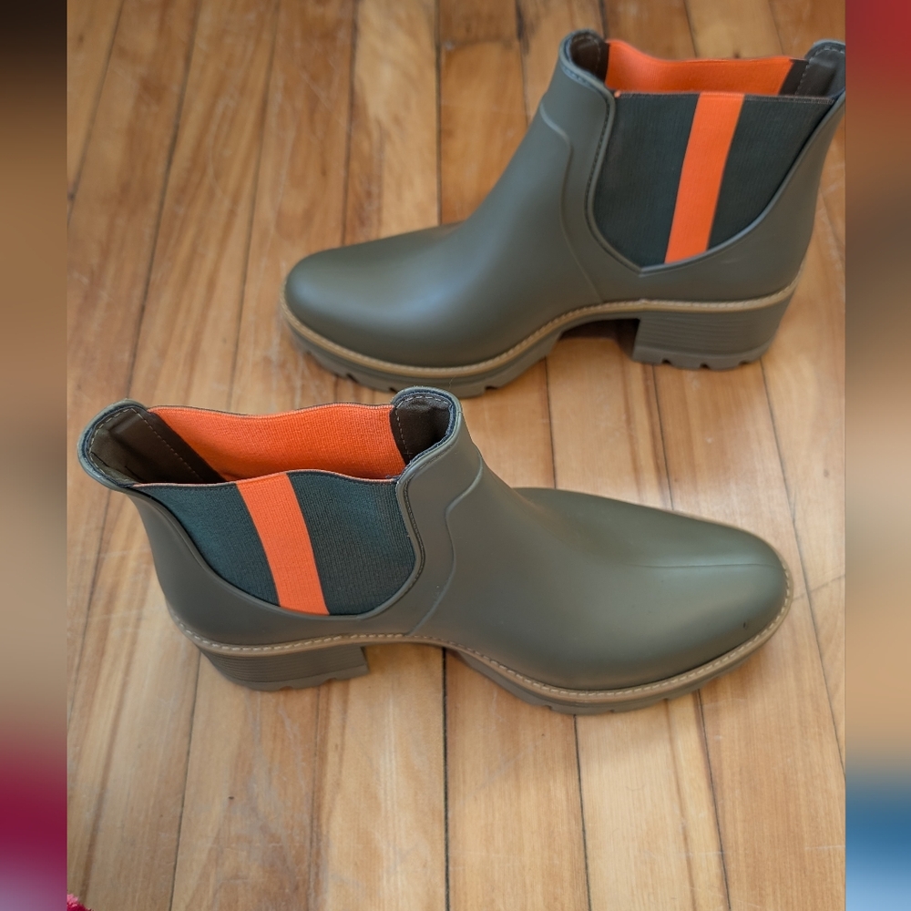 Olive Green Ankle Boots with Orange Accents